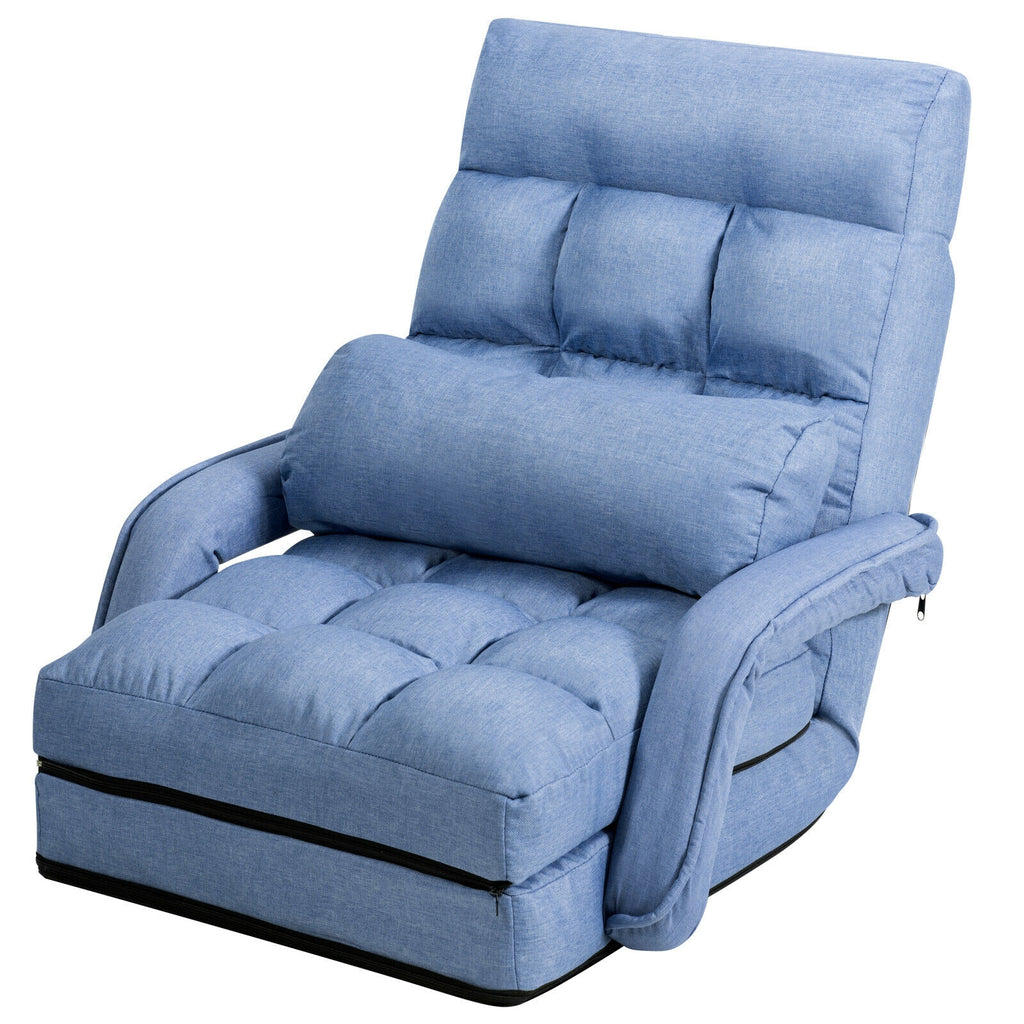 Folding Floor Chair with Armrests and Pillow - Blue