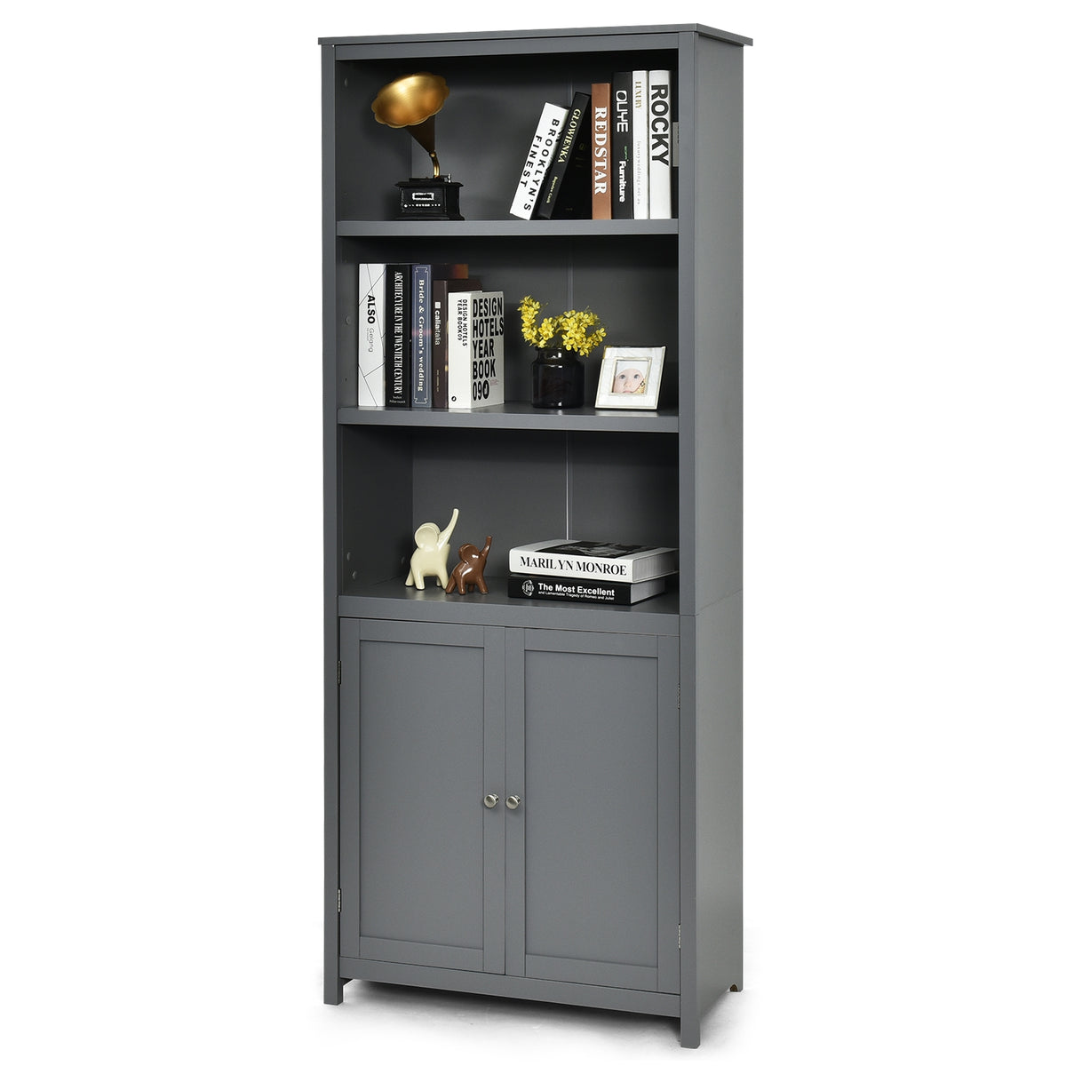 Standing Wooden Bookcase with 3 Tier Open Book Shelving and Double