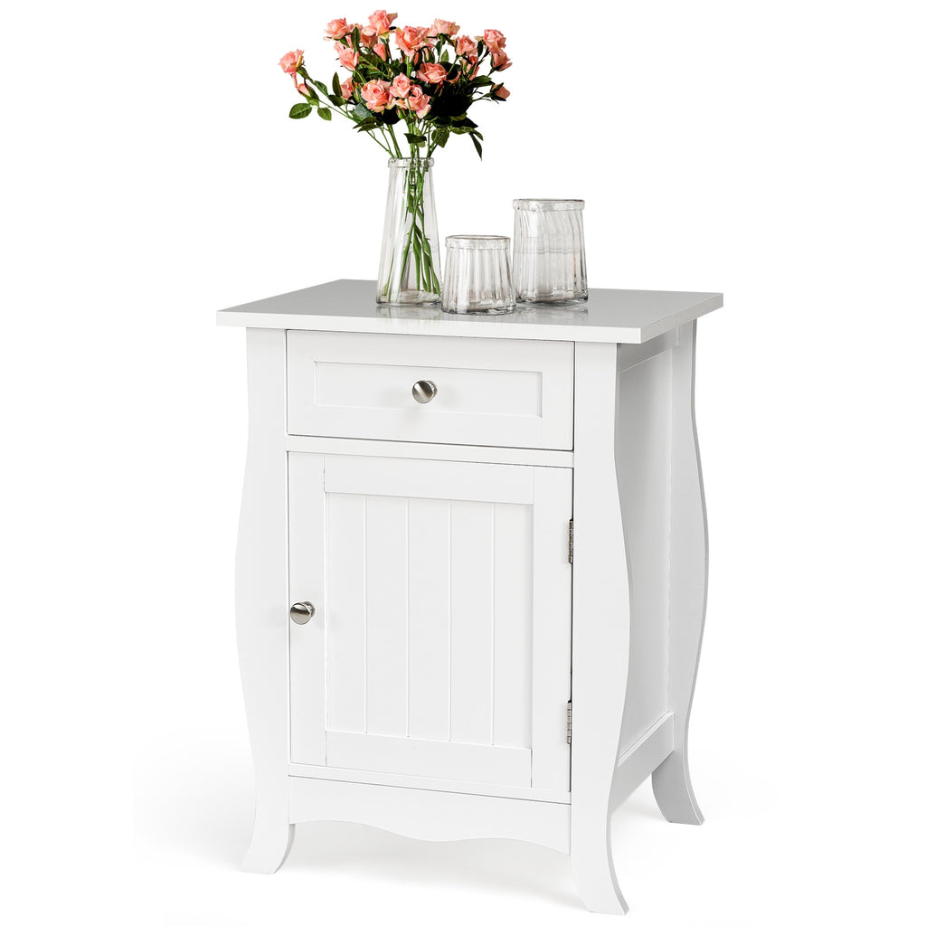 White Wooden End Table with Drawer and Cabinet Storage