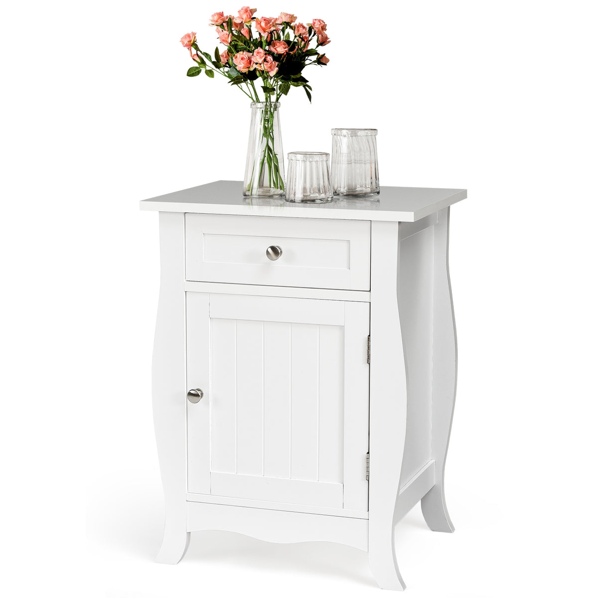 White Wooden End Table with Drawer and Cabinet Storage