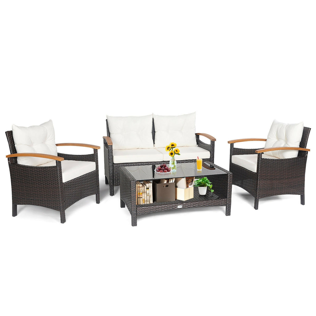 4 Pieces Patio Rattan Furniture Set with Cushioned Sofa and Storage