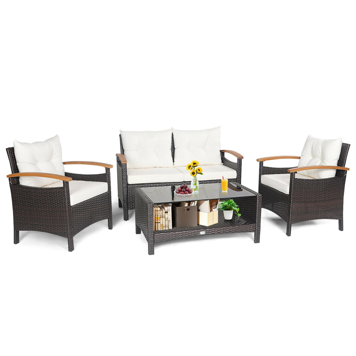 4 Pieces Patio Rattan Furniture Set with Cushioned Sofa and Storage