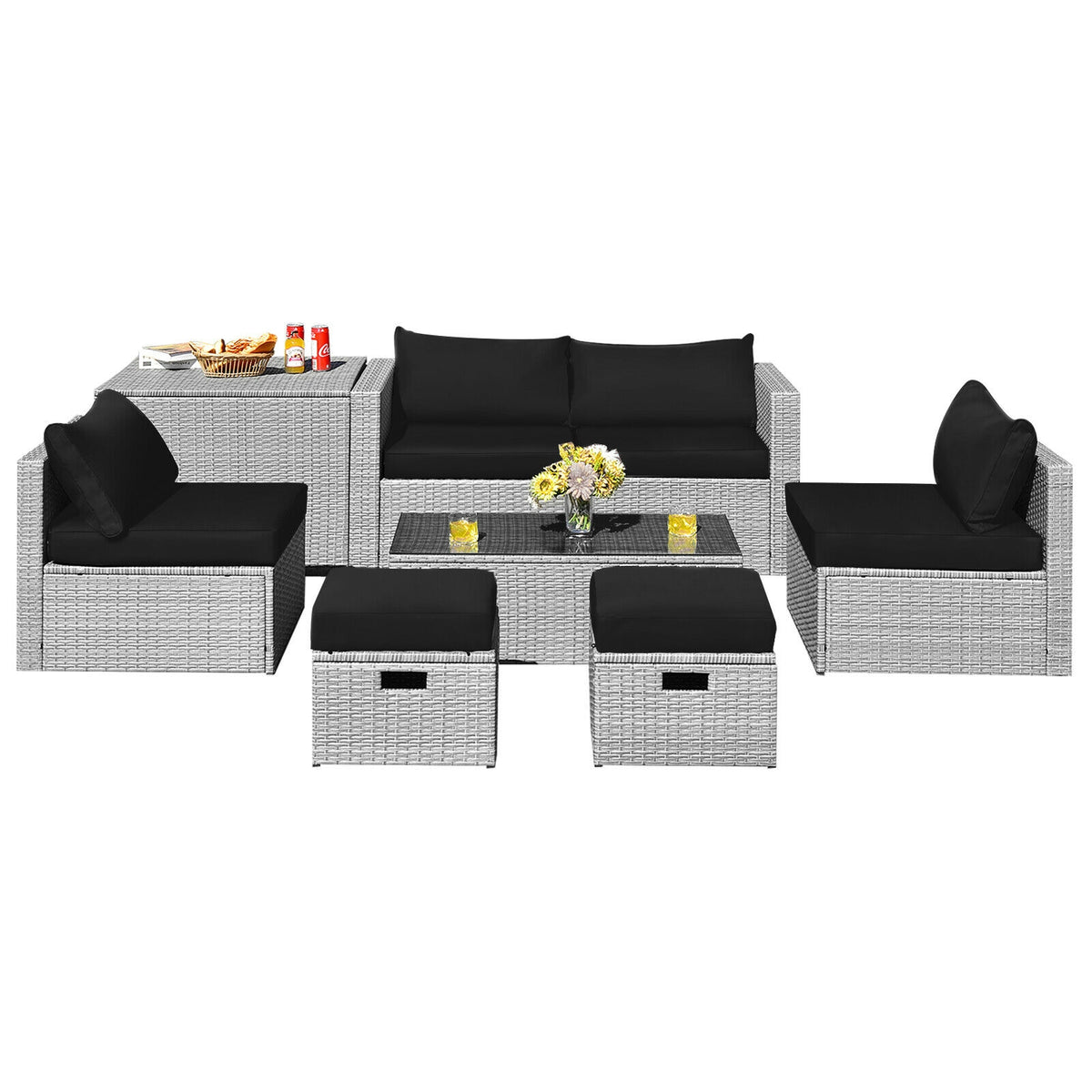 8-Piece Patio Rattan Furniture Set with Storage Box & Waterproof Cover - Brown & Black