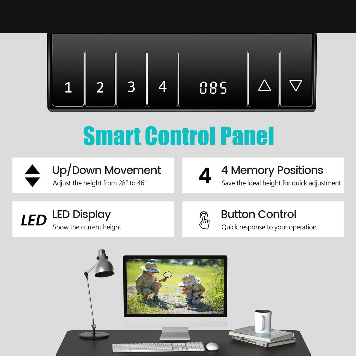 Electric Height Adjustable Standing Desk with Memory Controller - Black