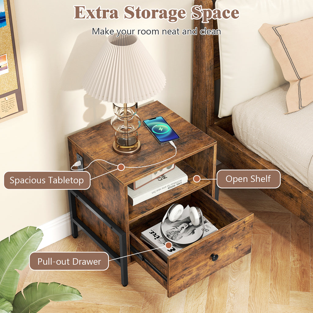Nightstand with Charging Station and Drawer, Rustic Brown