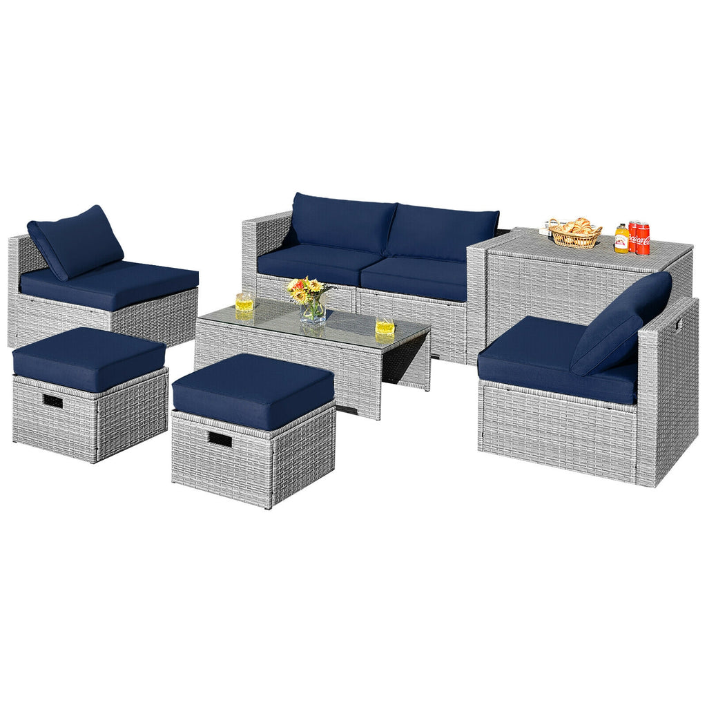 8-Piece Patio Rattan Furniture Set with Cushions & Cover - Gray, Navy