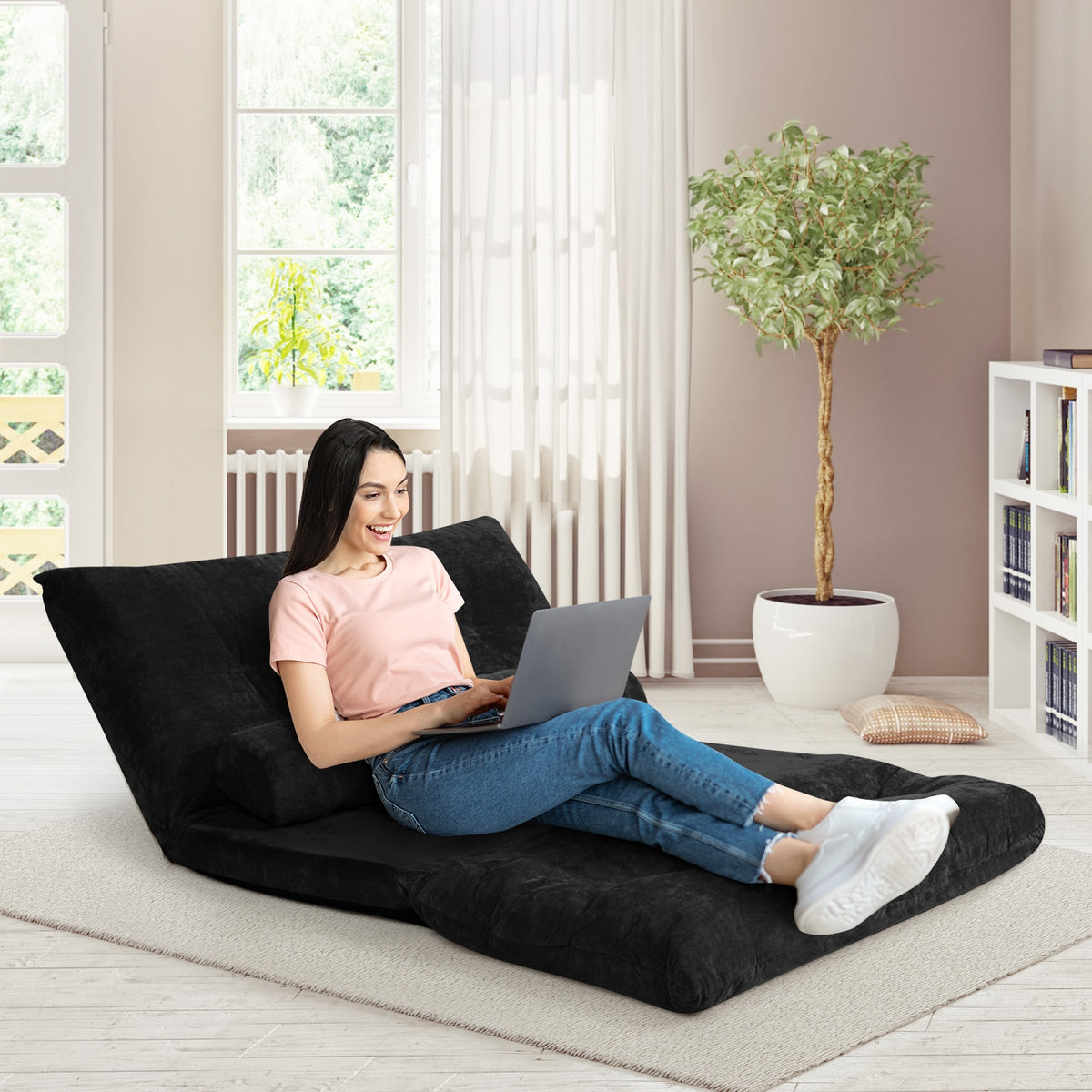 6-Position Adjustable Sleeper Lounge Couch with 2 Pillows - Beige