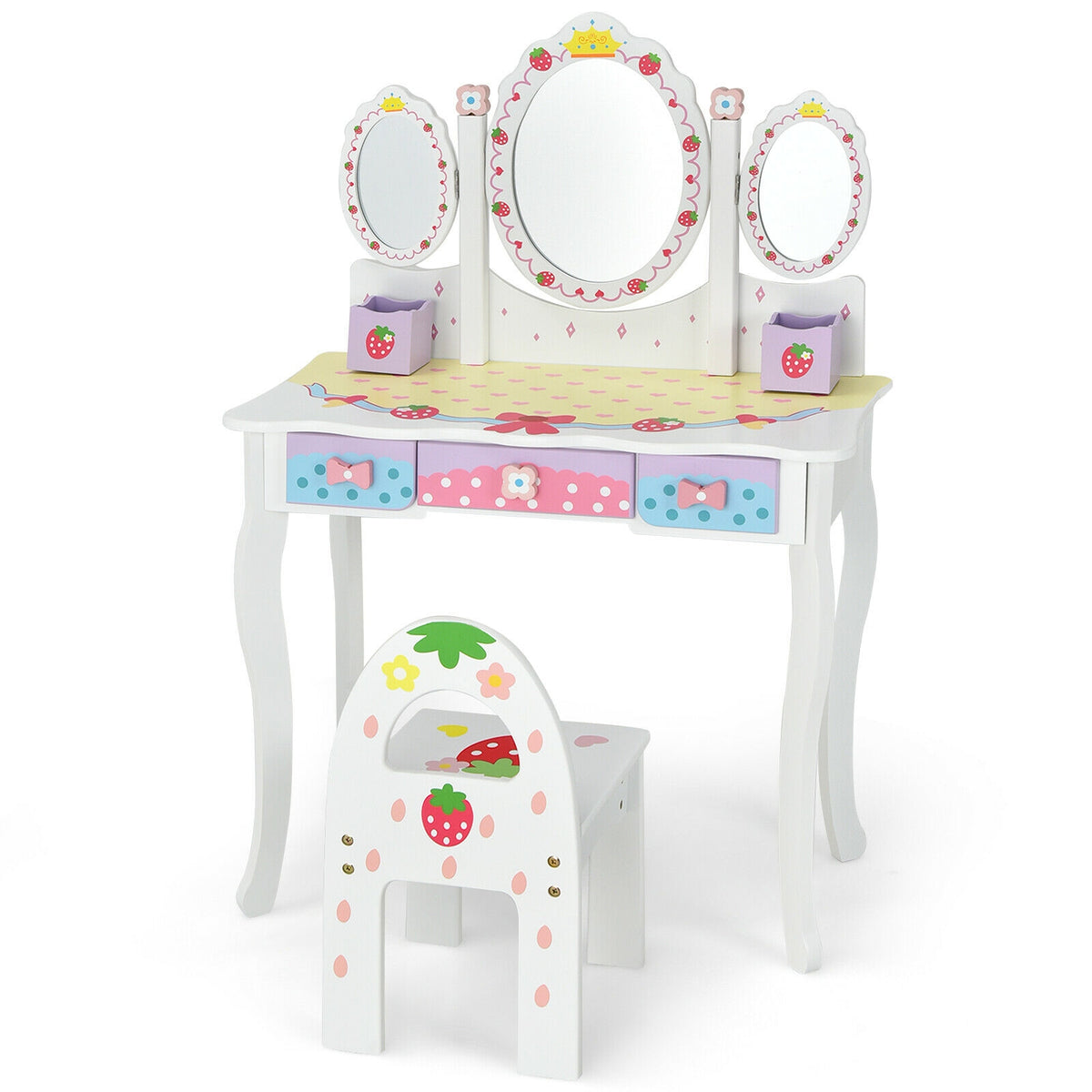 Kids Vanity Set with Tri-Fold Mirror and Chair - White, Detachable Top