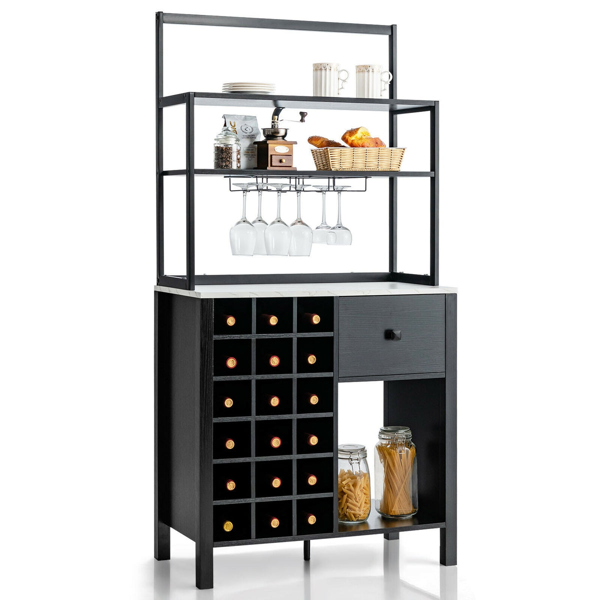 Kitchen Baker's Rack with Wine Glass Holder - Black