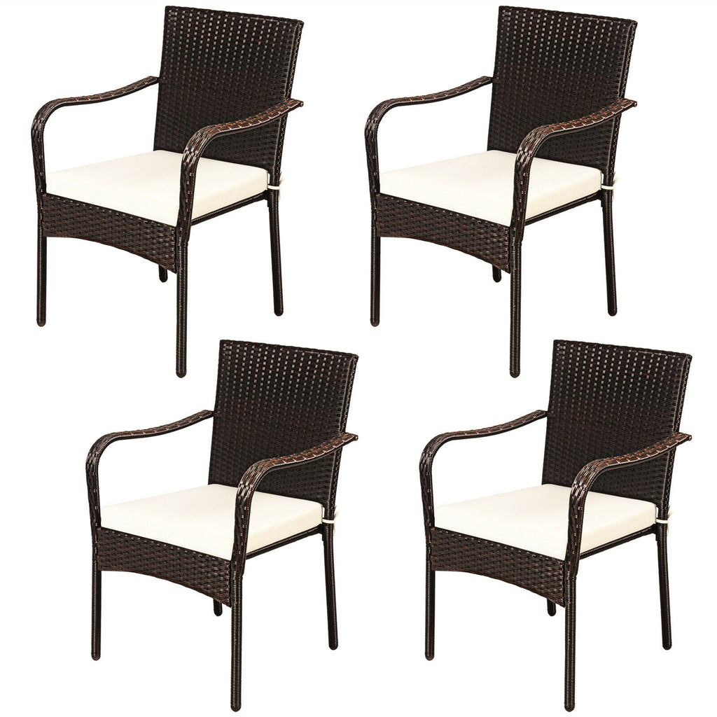Set of 4 Patio Rattan Stackable Dining Chair with Cushioned Armrest