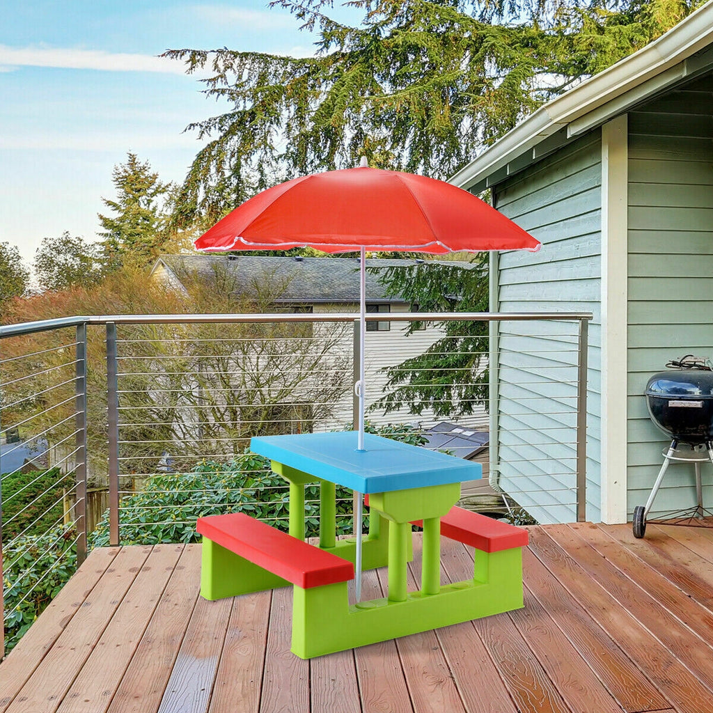 Kids Picnic Folding Table and Bench Set with Green Umbrella - Safe & Sturdy Outdoor Play Furniture