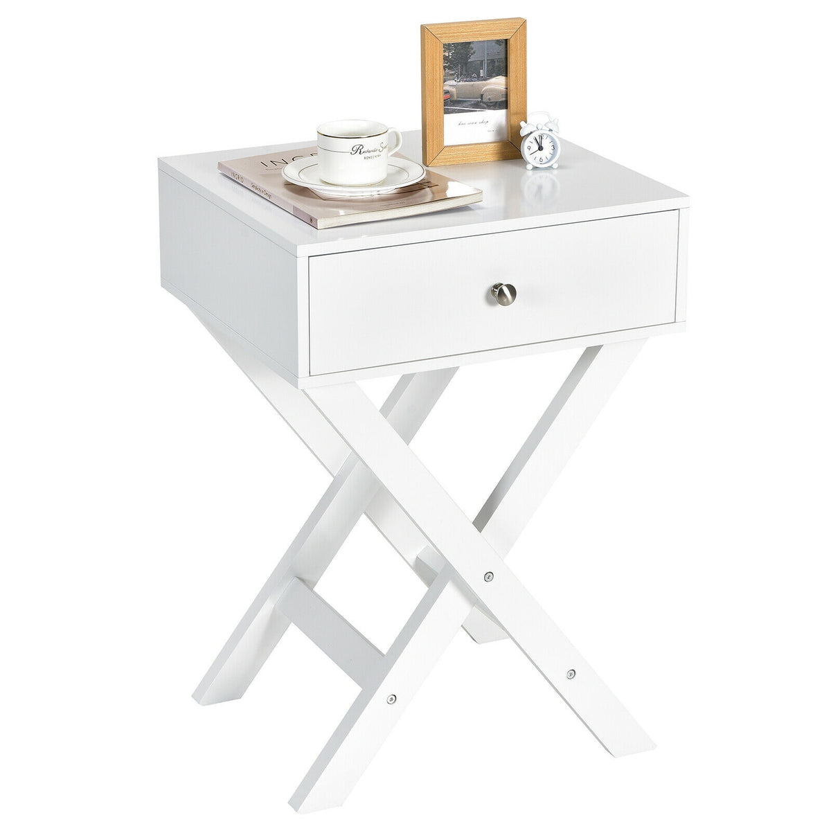 Modern X-Shaped Nightstand with Drawer - White
