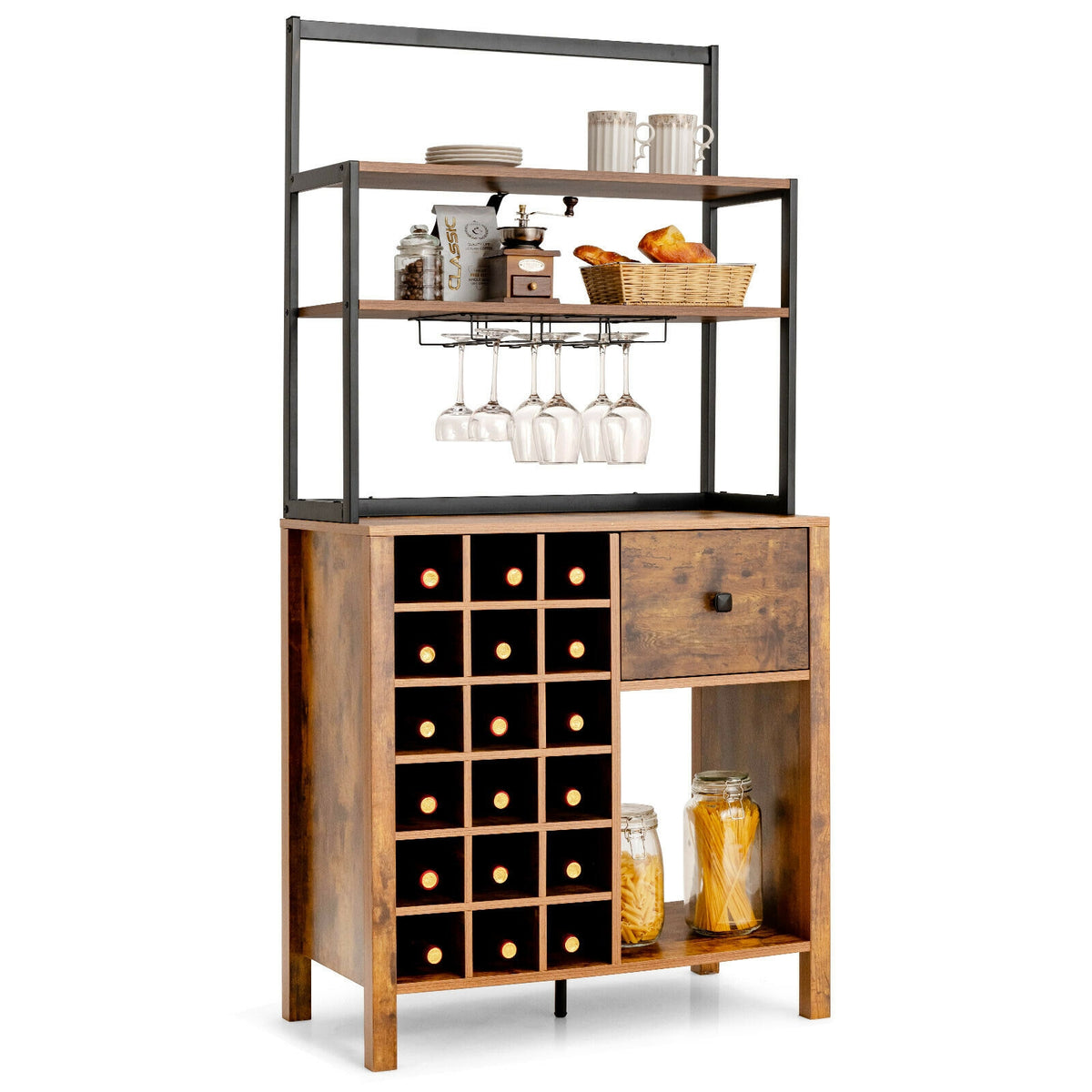 Kitchen Baker's Rack with Wine Glass Holder - Black
