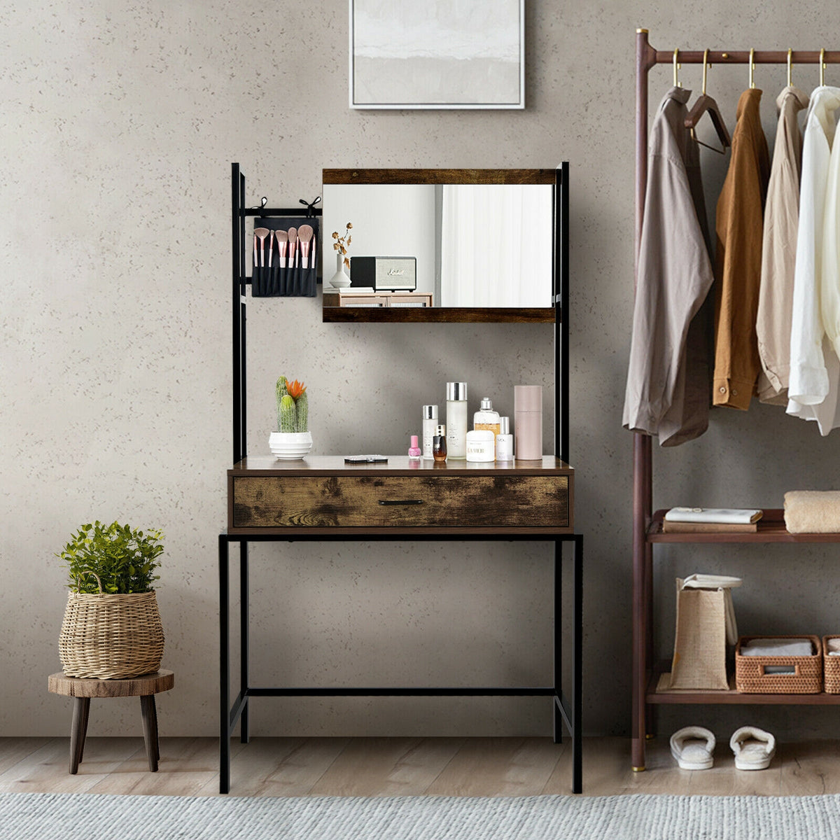 Industrial Vanity Table with Adjustable Mirror - Brown