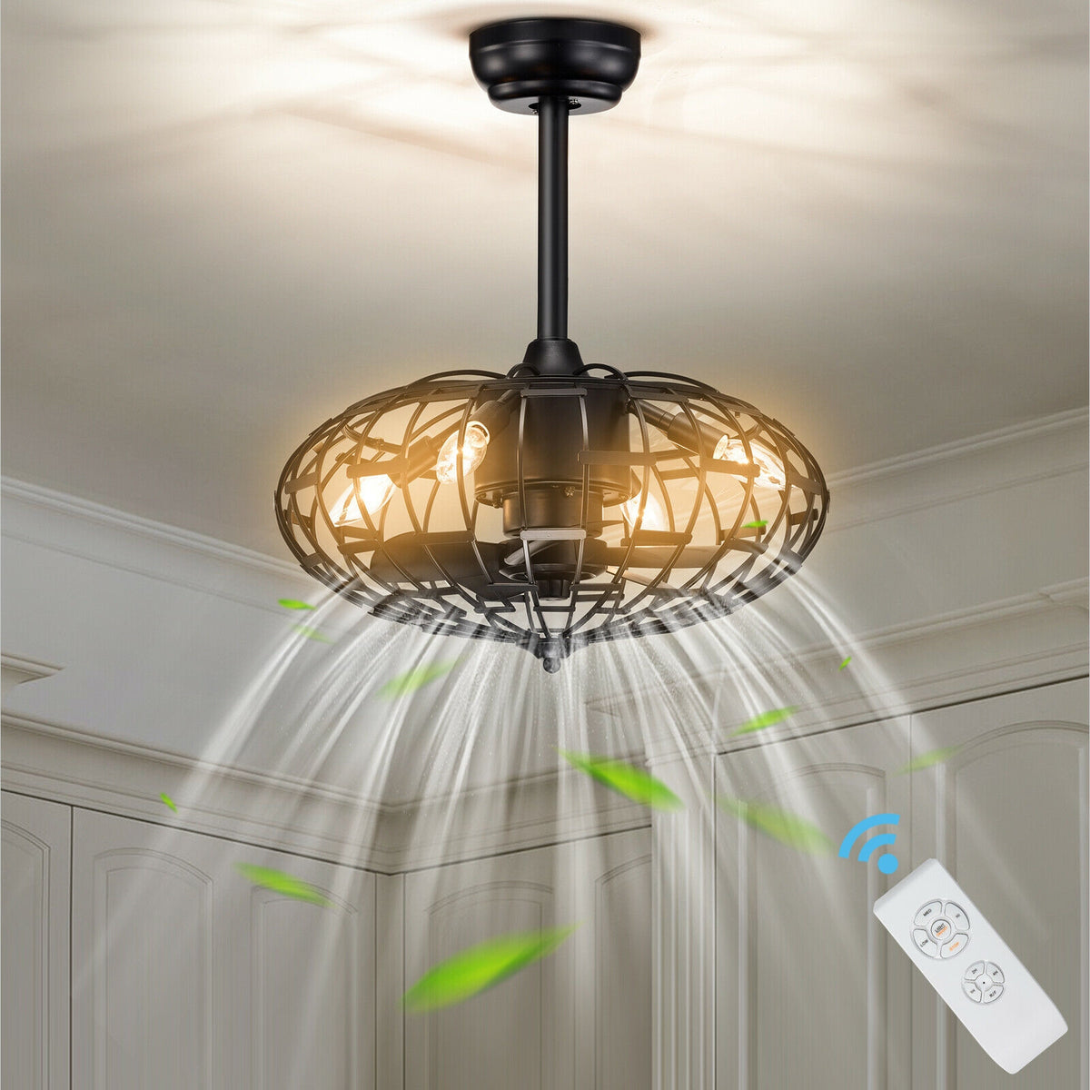 Black 5-Blade Enclosed Ceiling Fan with Light & Remote Control