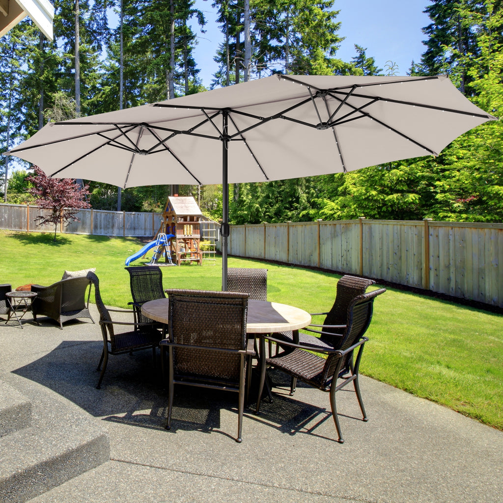 15 Feet Twin Patio Umbrella with 48 Solar LED Lights - Dark Red
