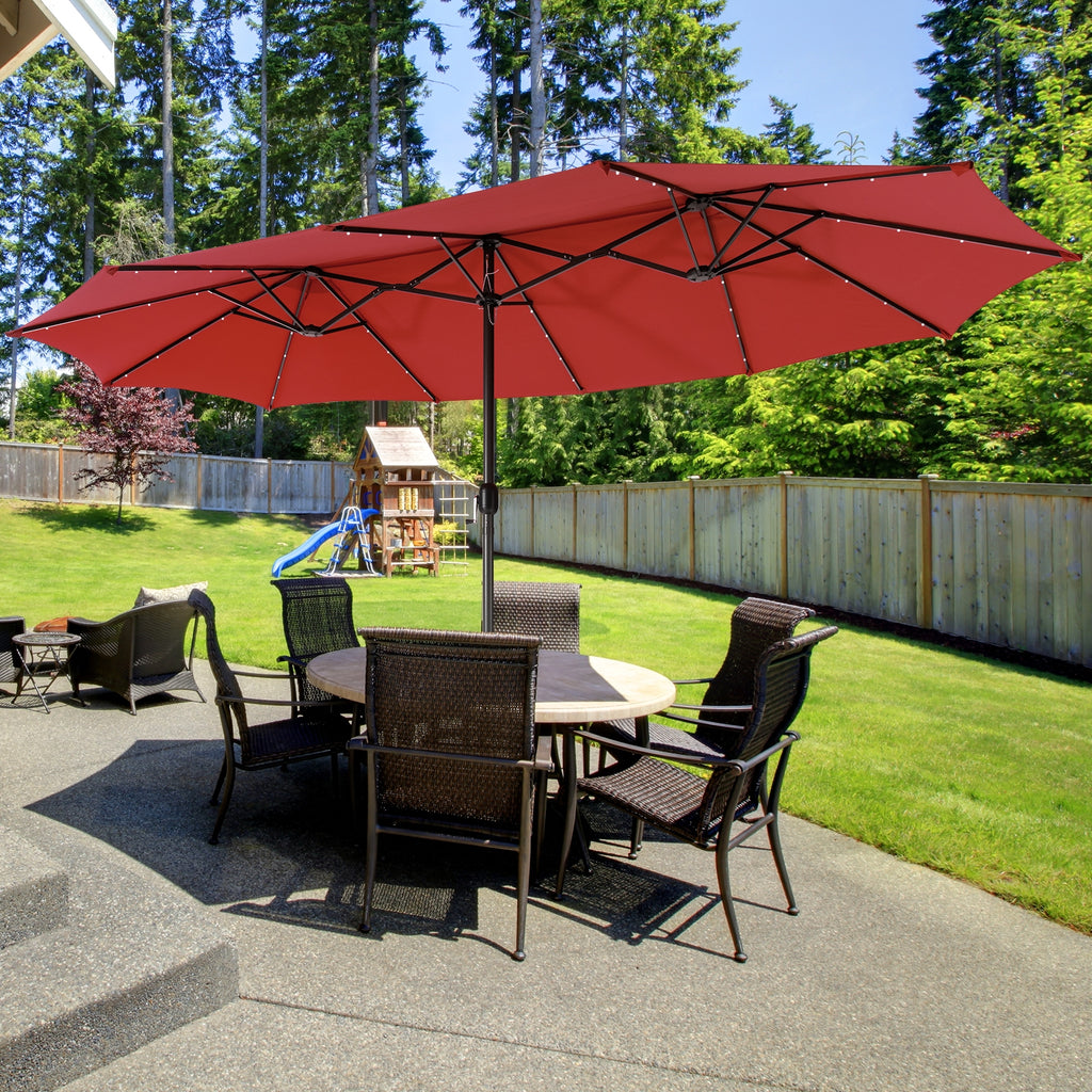 15 Feet Twin Patio Umbrella with 48 Solar LED Lights - Dark Red