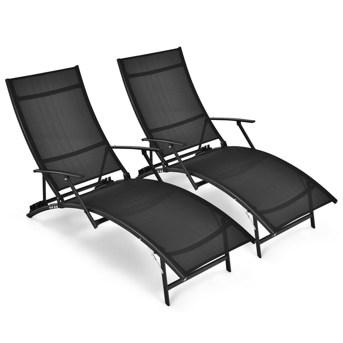 Patio Folding Stackable Chaise Lounge Chair with Armrest - Black
