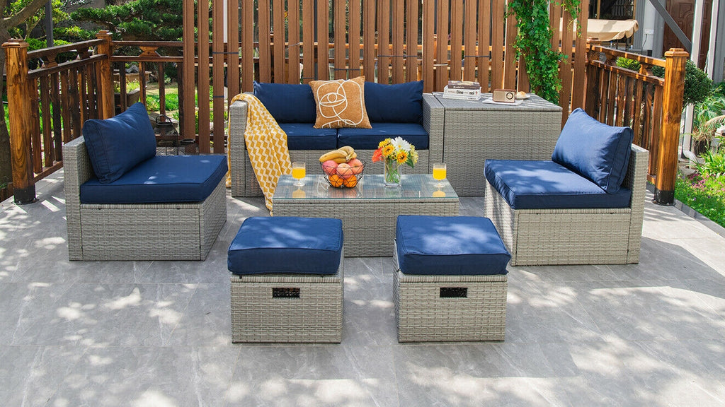 8-Piece Patio Rattan Furniture Set with Cushions & Cover - Gray, Navy