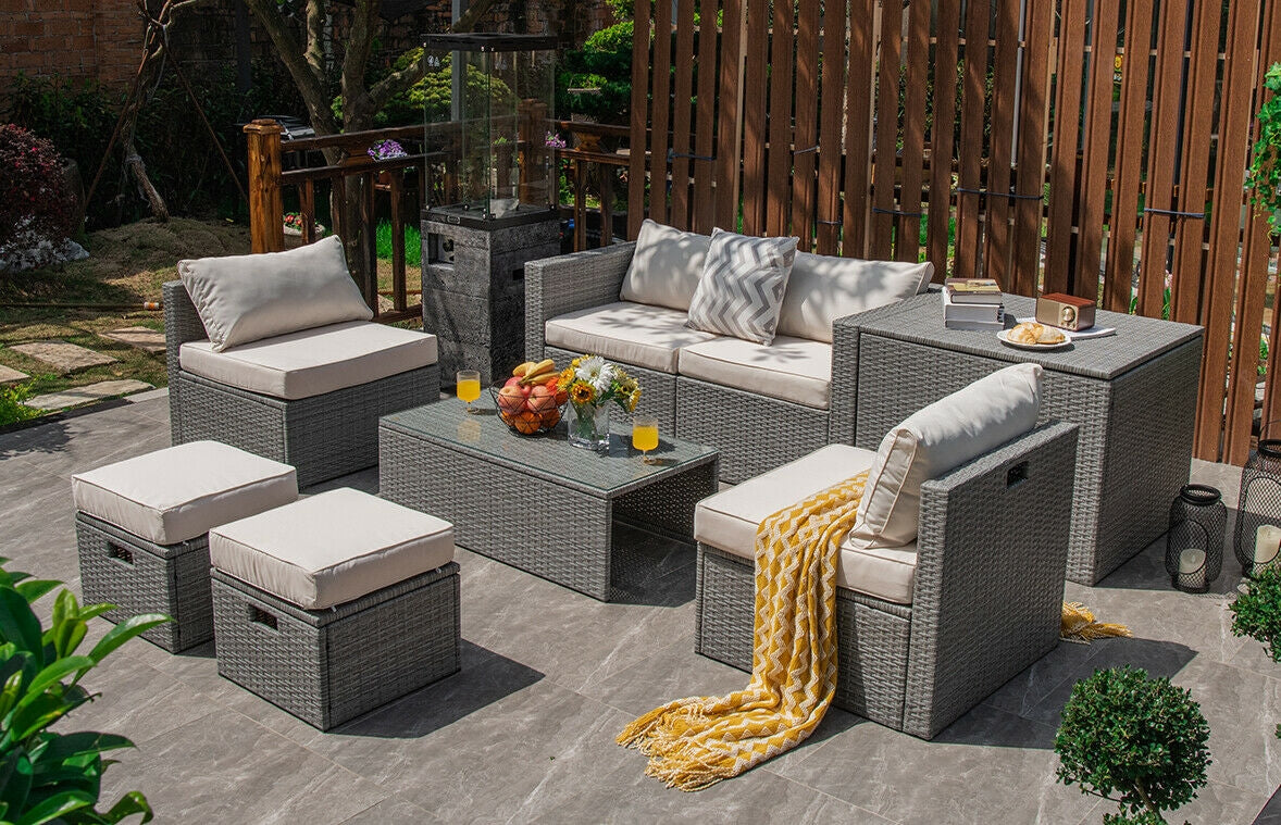 8-Piece Patio Rattan Furniture Set with Storage & Cover - Gray Rattan, Off White