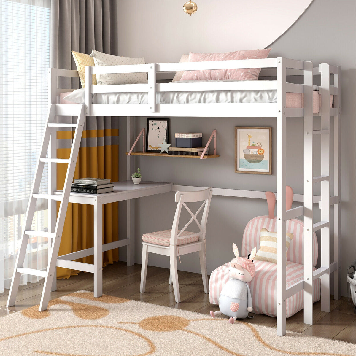 Twin Size Loft Bed with Desk and Ladder - Dark Brown