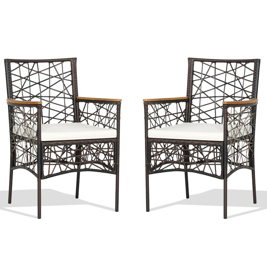2 Pieces PE Wicker Patio Bistro Dining Chairs with Acacia Wood