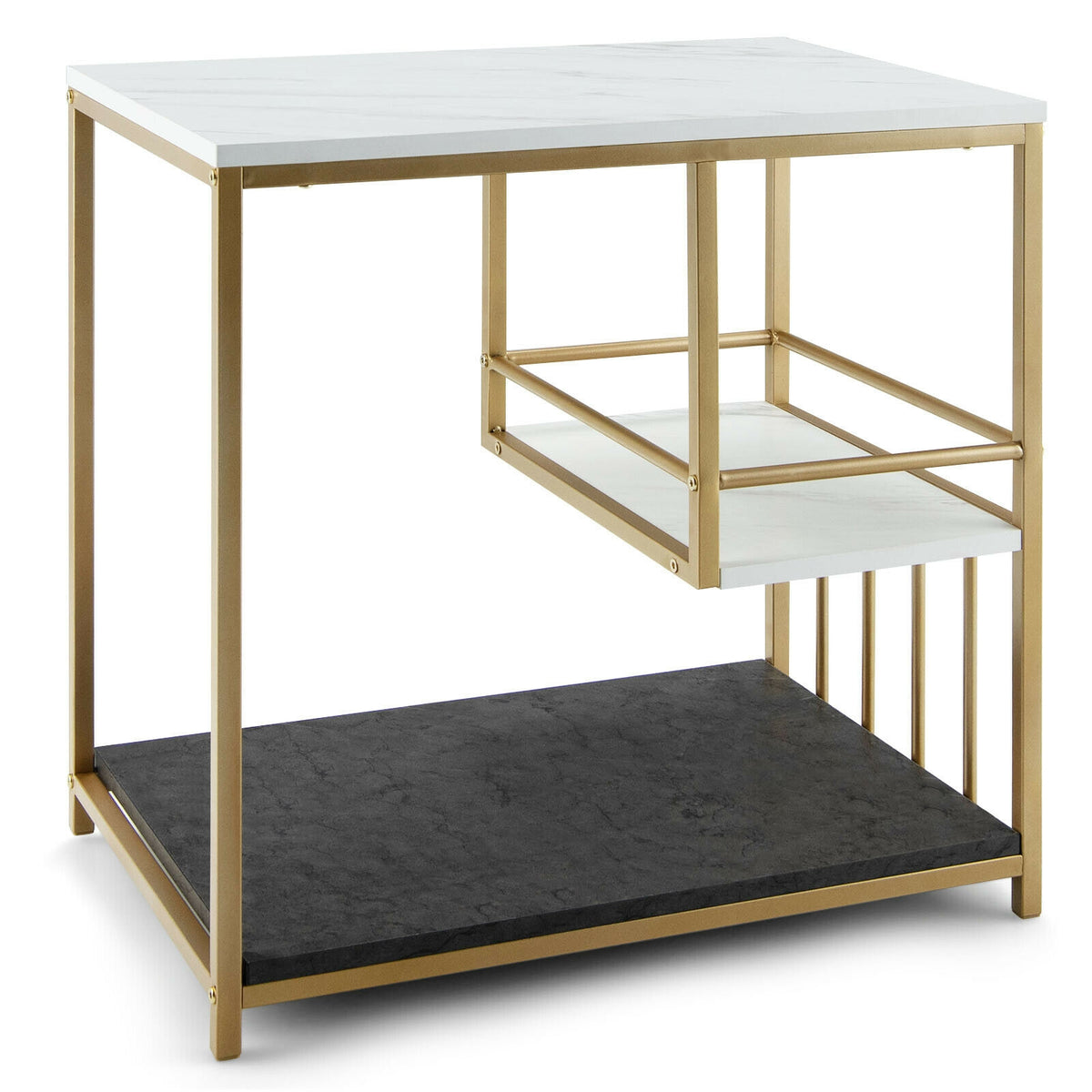 2-Tier Side Table with Marble Finish & Metal Frame – White