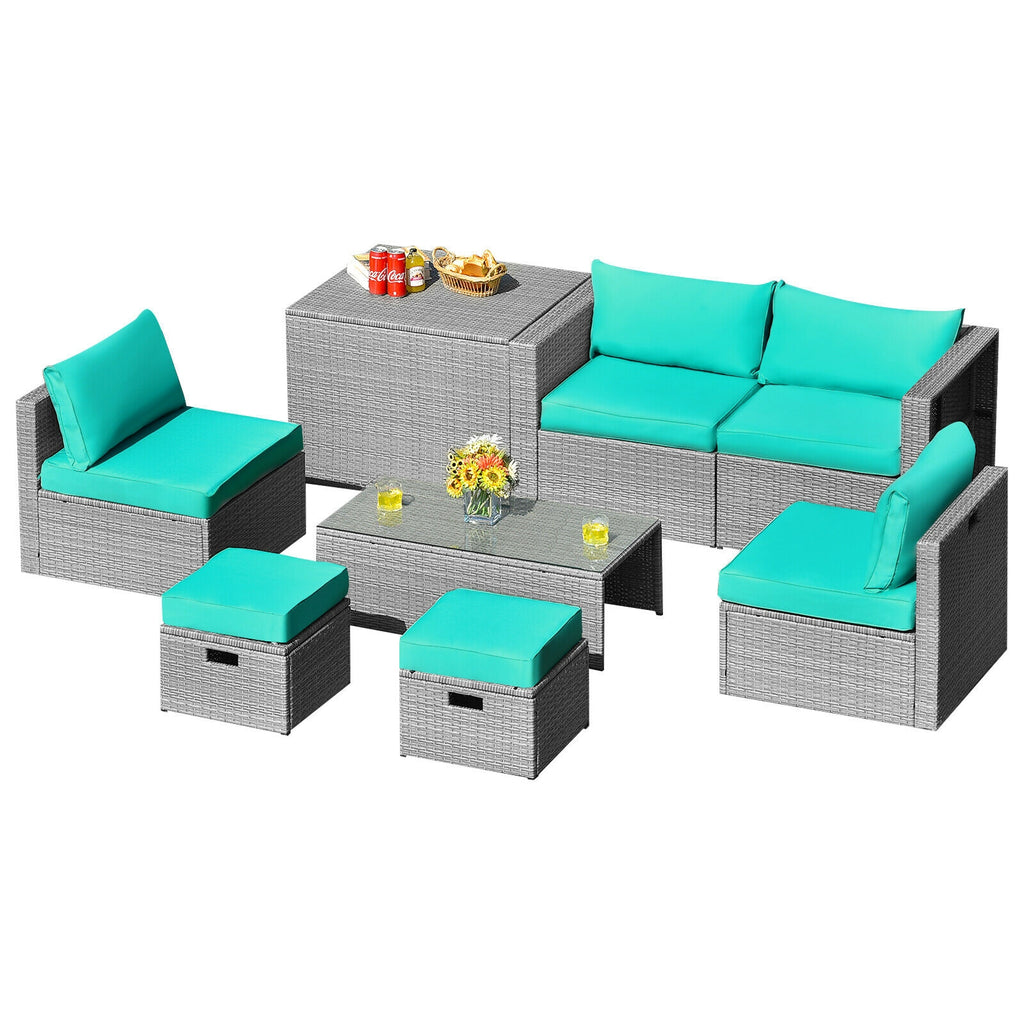 8-Piece Patio Rattan Furniture Set with Storage & Cushions - Gray Turquoise