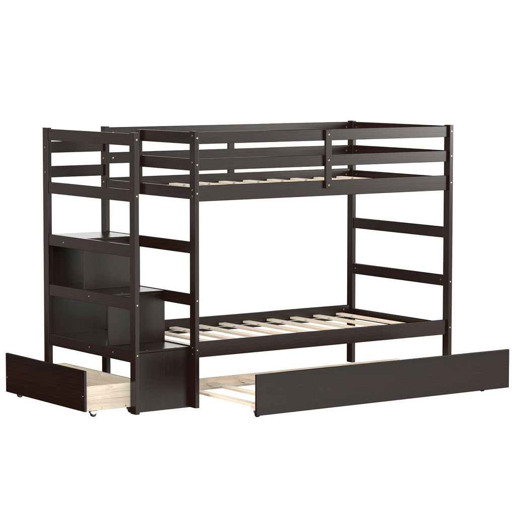 Twin Over Twin Bunk Bed with Storage & Staircase - Dark Brown