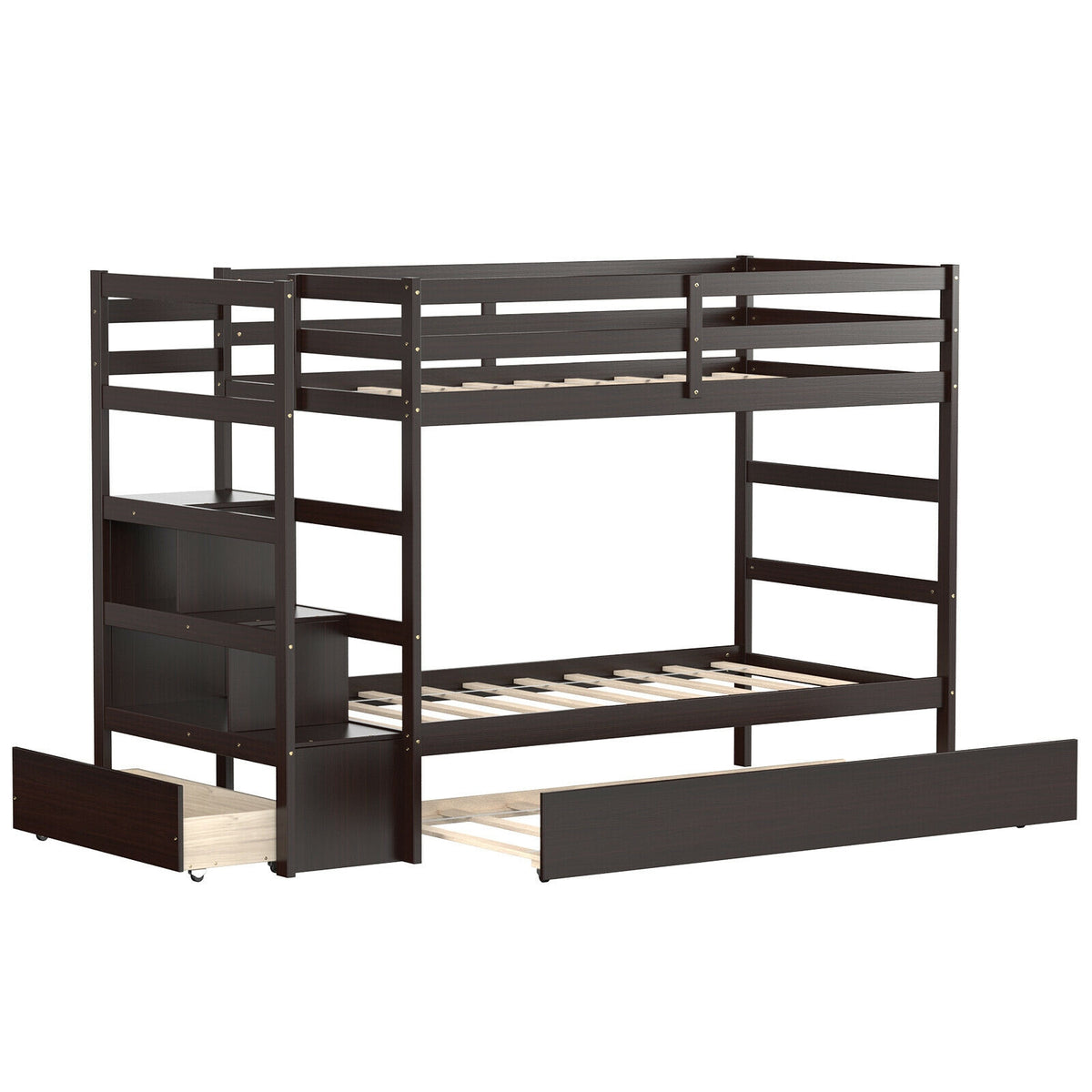 Twin Over Twin Bunk Bed with Storage & Staircase - Dark Brown