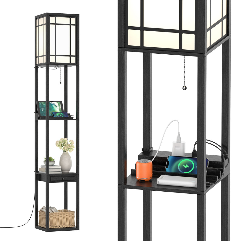 Modern Floor Lamp with Shelves Drawer USB Charging Outlet White Lampshade