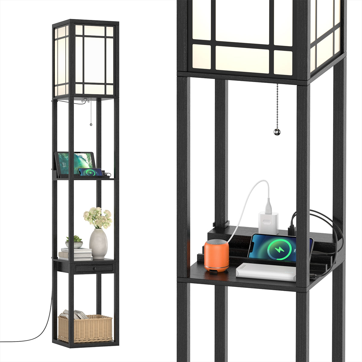 Modern Floor Lamp with Shelves Drawer USB Charging Outlet White Lampshade