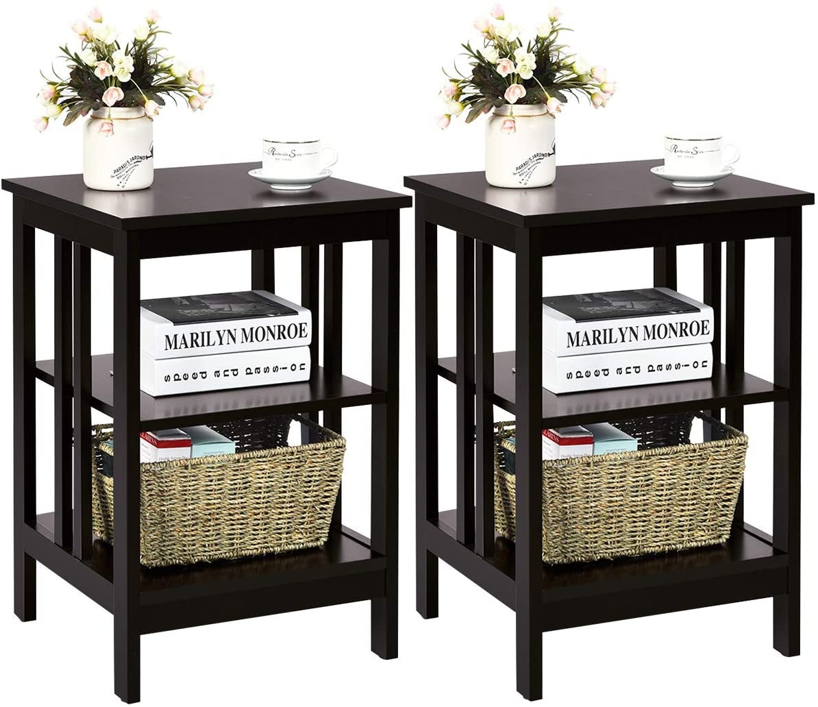 3-Tier Nightstand Set of 2, Dark Brown - Style B