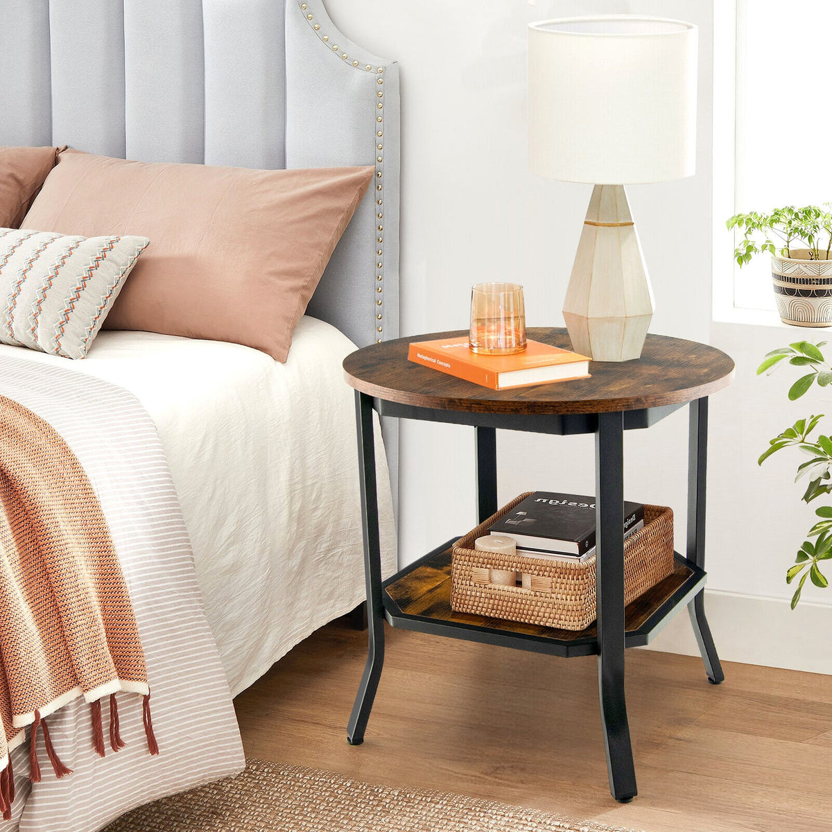 2-Tier Round End Table with Storage Shelf - Brown