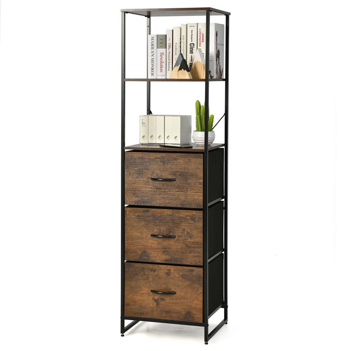 Tall Storage Rack Bookshelf with 3 Folding Drawers and Shelves