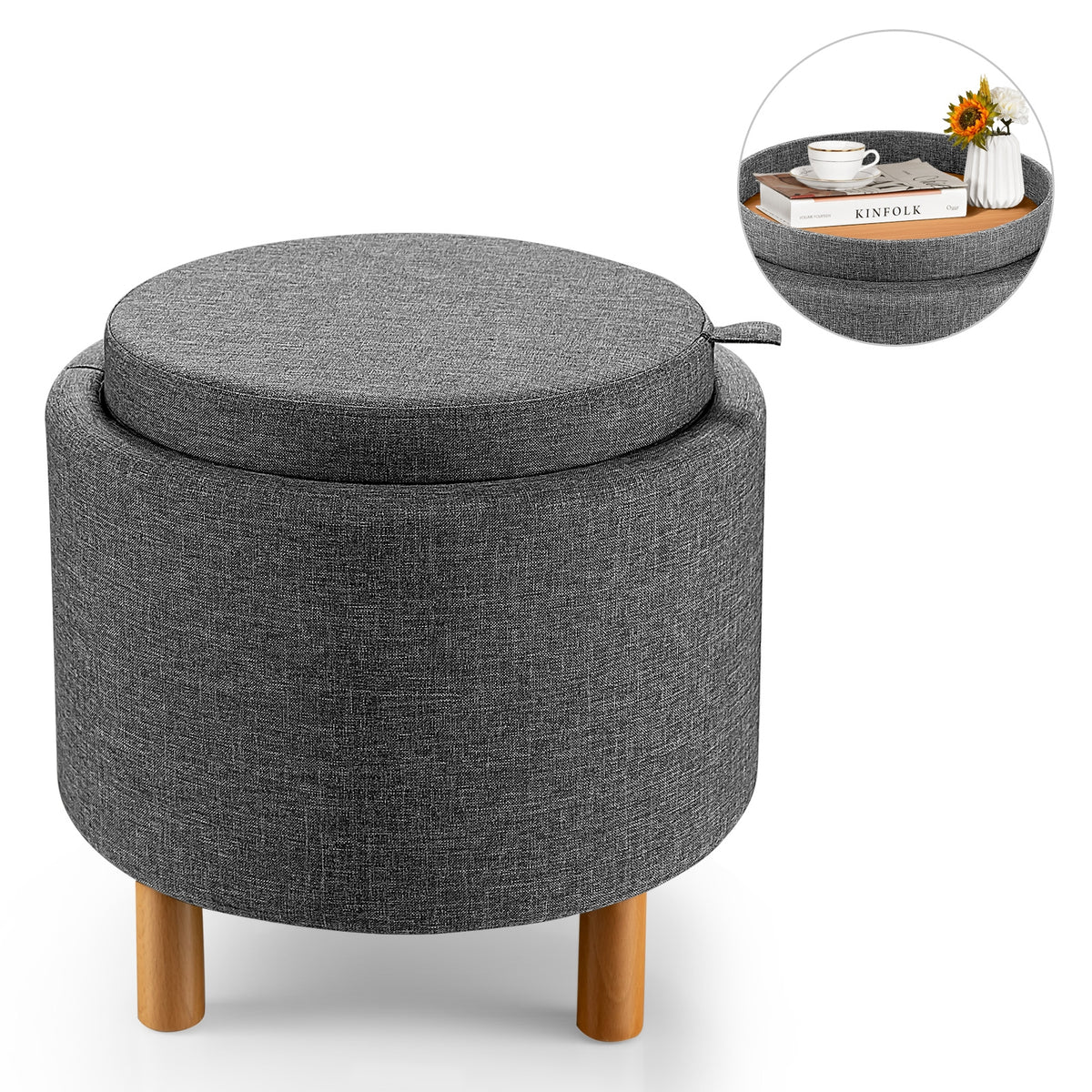 Round Fabric Storage Ottoman with Tray, Gray