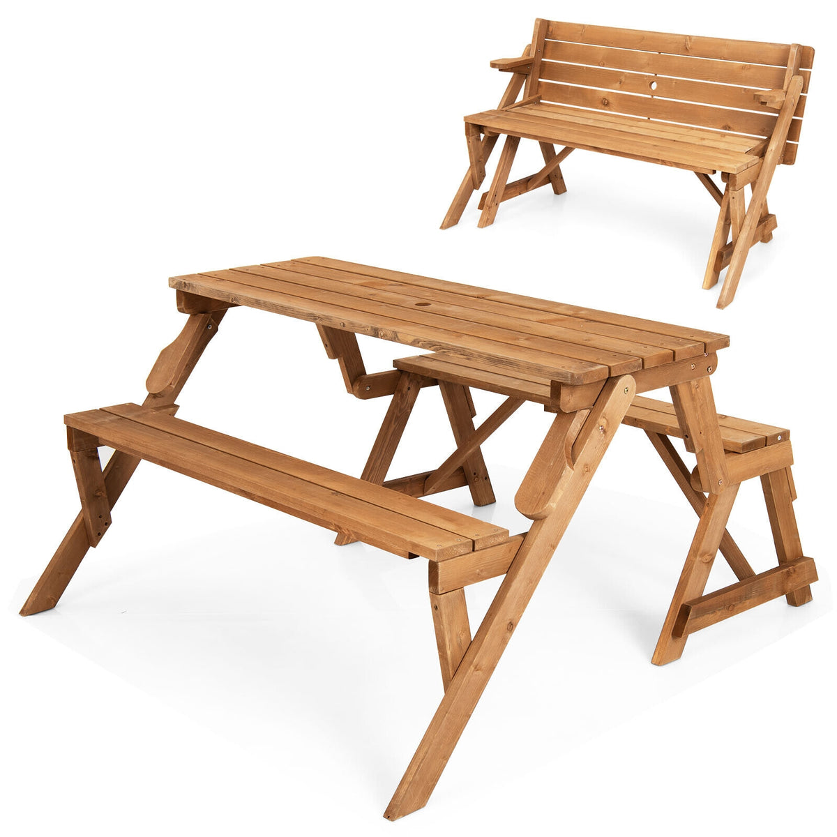 2-in-1 Picnic Table Bench with Umbrella Hole - 54" x 18.5", Dark Brown