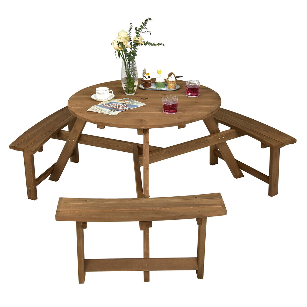6-person Round Wooden Picnic Table with Umbrella Hole and 3 Built-in