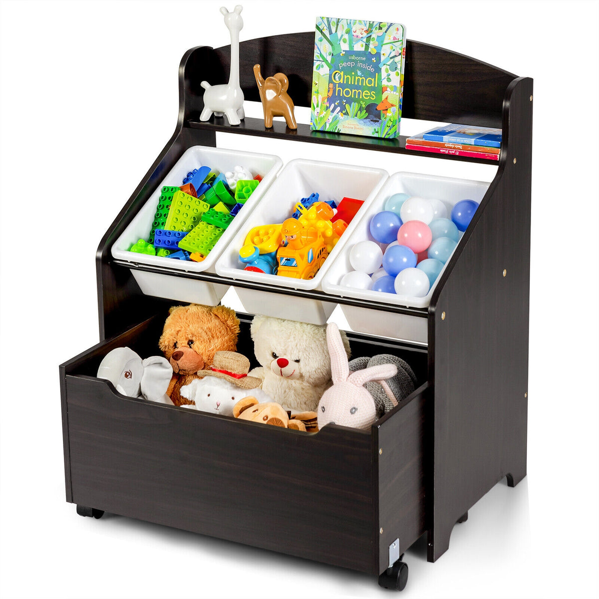 Kids Toy Storage Organizer with Rolling Toy Box and Plastic Bins - Dark Brown