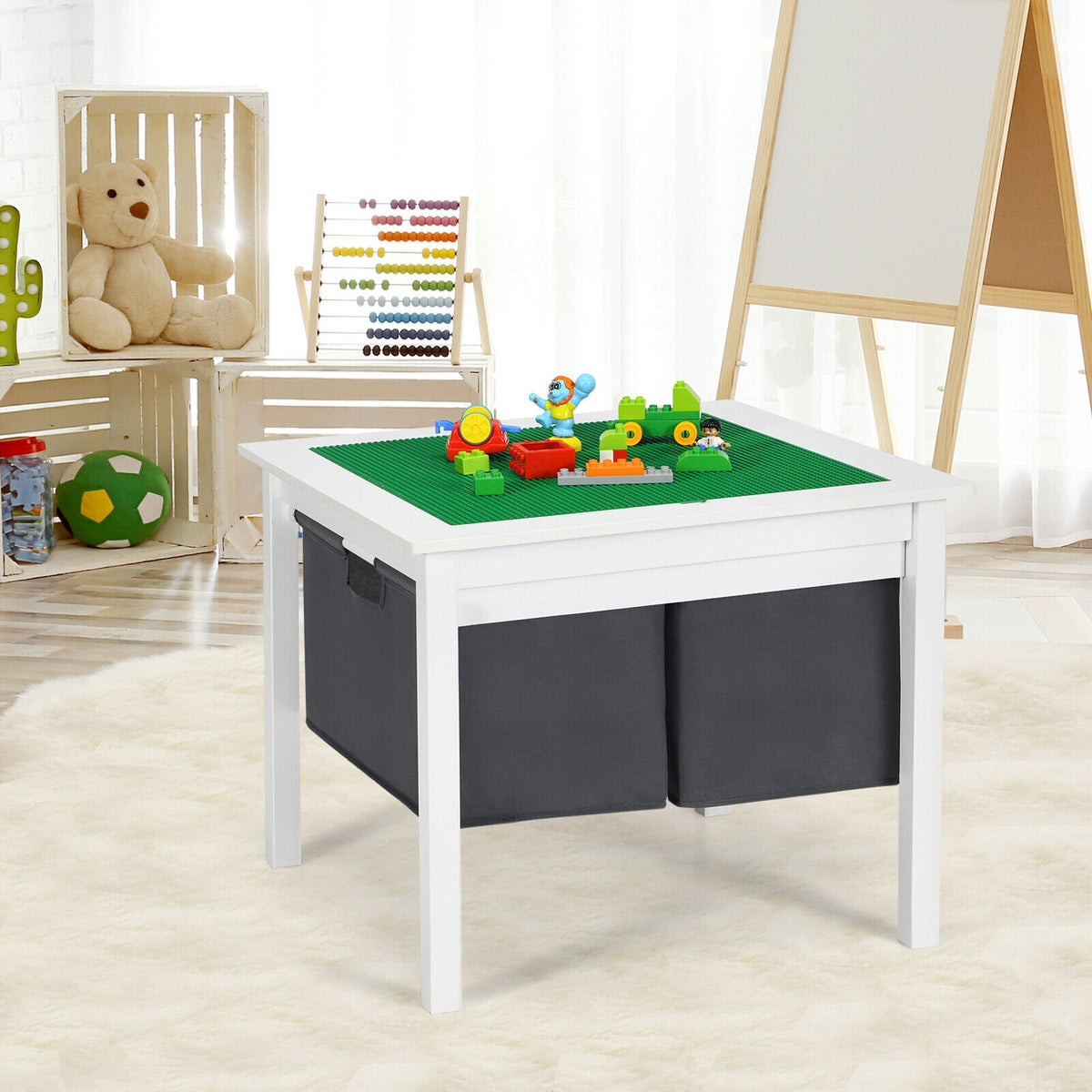 White 2-in-1 Kids Double-Sided Activity Building Block Table with Drawers