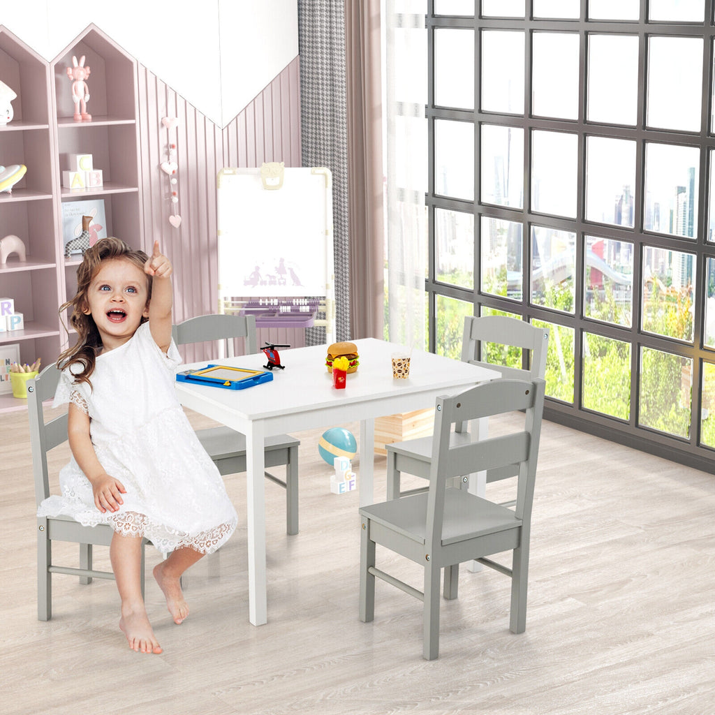 Kids Wooden 5-Piece Table and Chair Set - Rectangular White Playroom Furniture