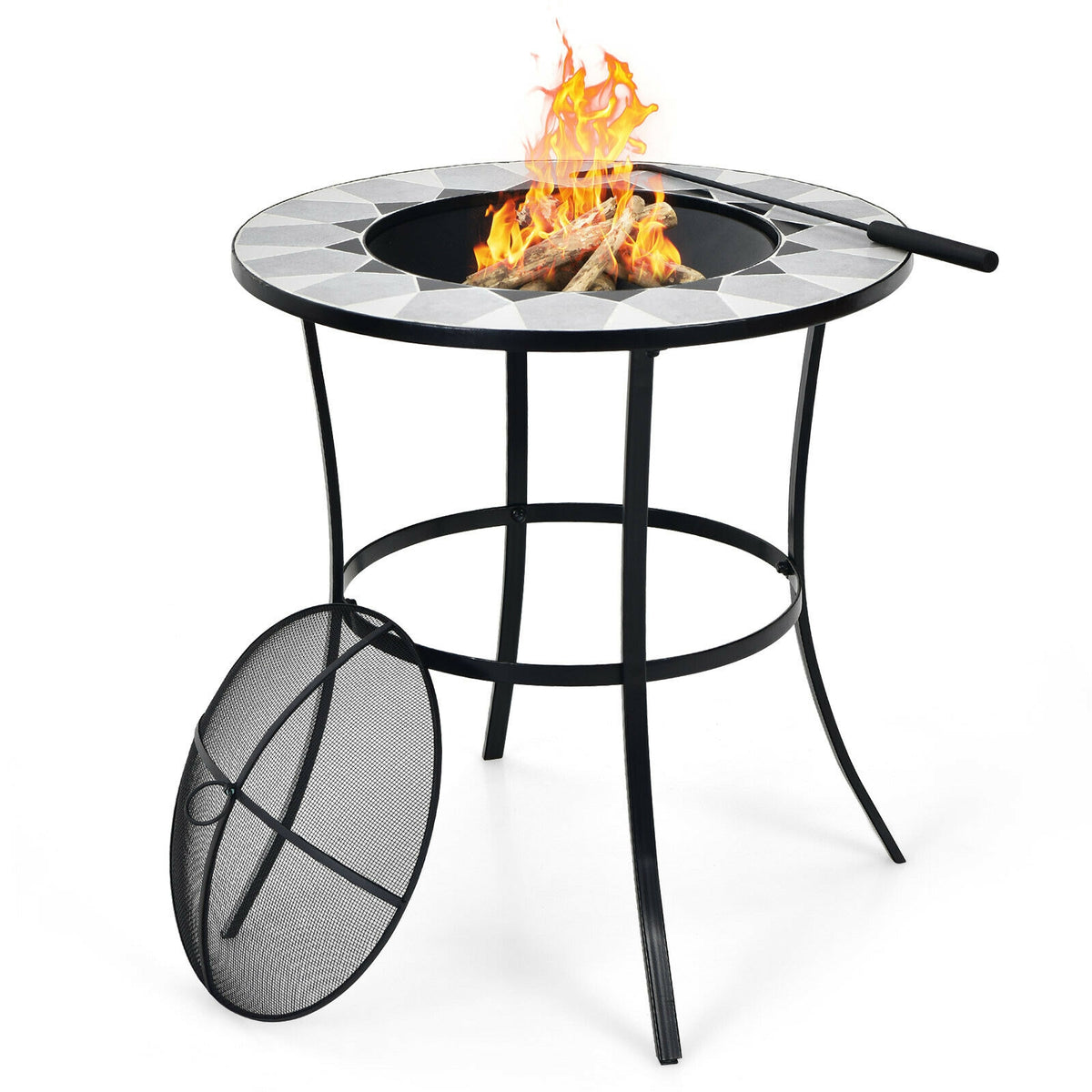 23.5 Inches Round Fire Pit Table with Mesh Cover and Poker