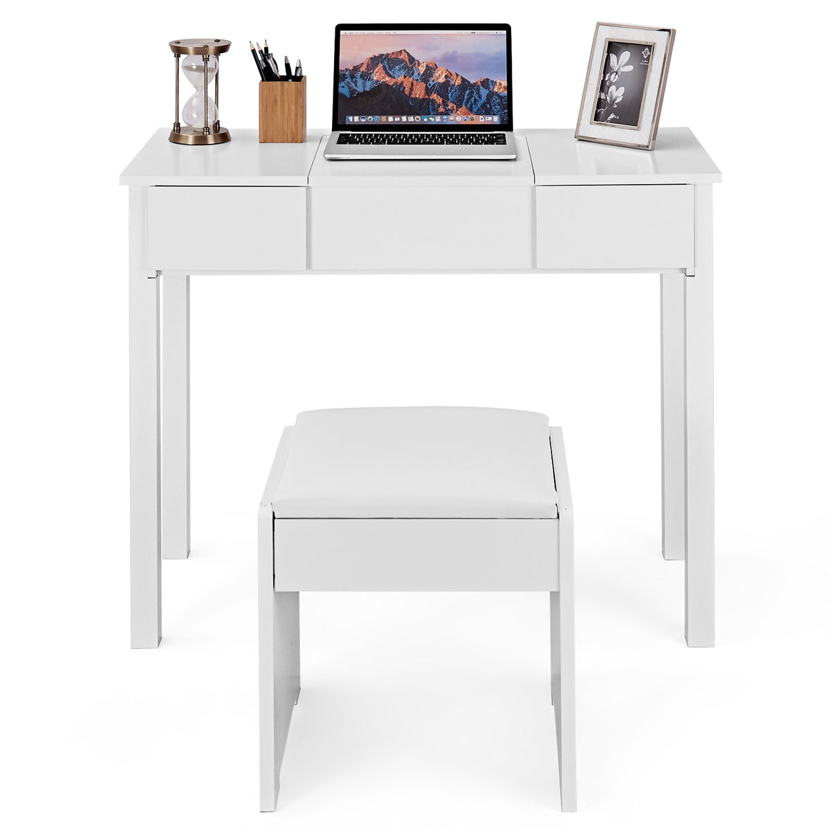 Makeup Dressing Table with Flip Top Mirror & Cushioned Stool, White