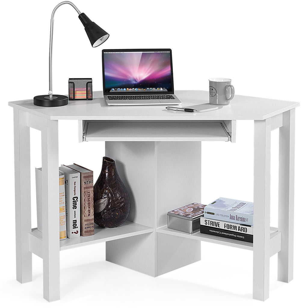 Wooden Study Computer Corner Desk with Keyboard Tray