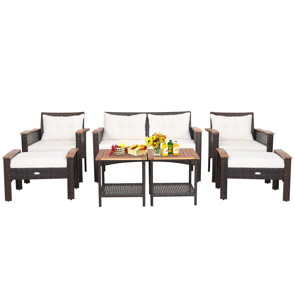 7-Piece Patio Rattan Conversation Set - Loveseat, 2 Chairs, 2 Ottomans, 2 Coffee Tables