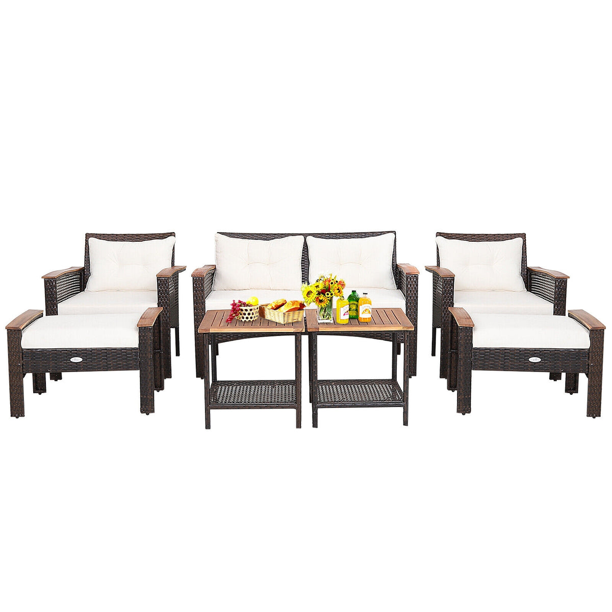 7-Piece Patio Rattan Conversation Set - Loveseat, 2 Chairs, 2 Ottomans, 2 Coffee Tables