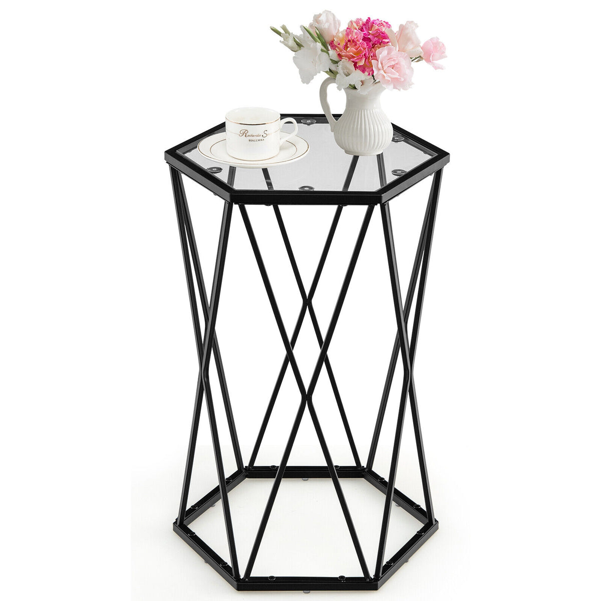 Hexagonal Tempered Glass End Table with Metal Frame