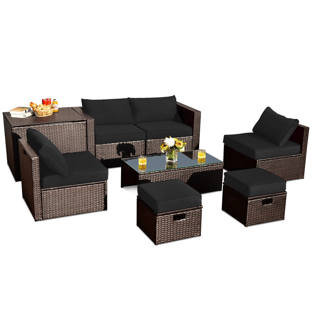 8-Piece Patio Rattan Furniture Set with Storage Box & Waterproof Cover - Brown & Black