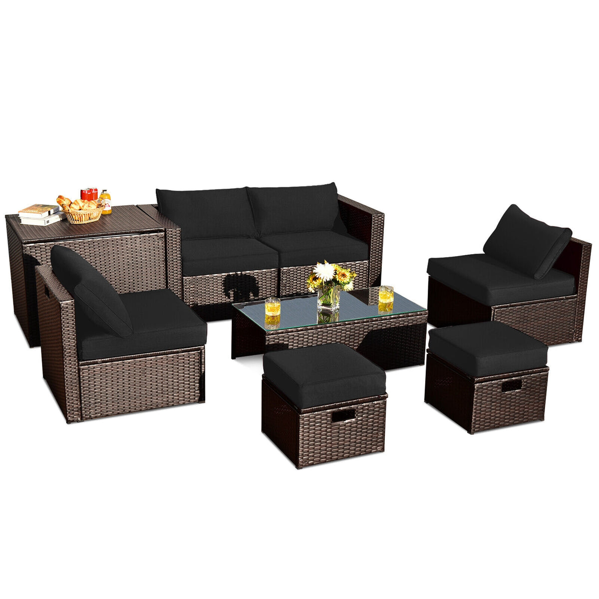 8-Piece Patio Rattan Furniture Set with Storage Box & Waterproof Cover - Brown & Black