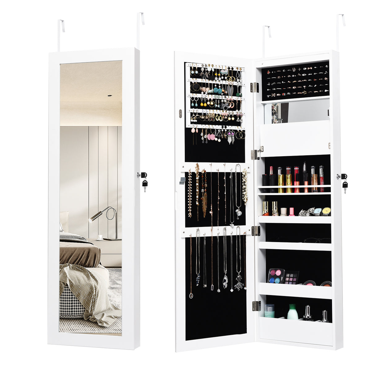 Lockable Wall-Mounted Jewelry Cabinet with LED Lights - Brown